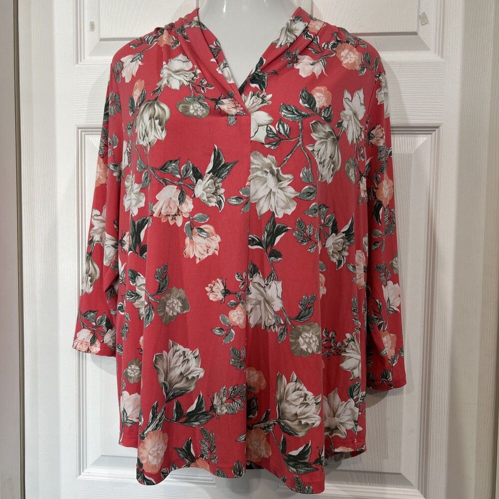 Charter Club Plus Size 1X Women Pink Tunic Top Floral V Neck Long Sleeve Blouse